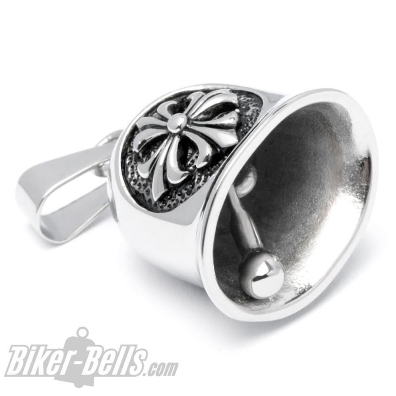 Biker-Bell aus Edelstahl mit Lilien-Kreuz Motorrad Glücksglocke silber Fleur de Lis